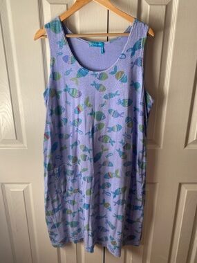 fresh produce Purple Fish Print Cotton Knit Scoop Neck Sleeveless Shift Dress 1X